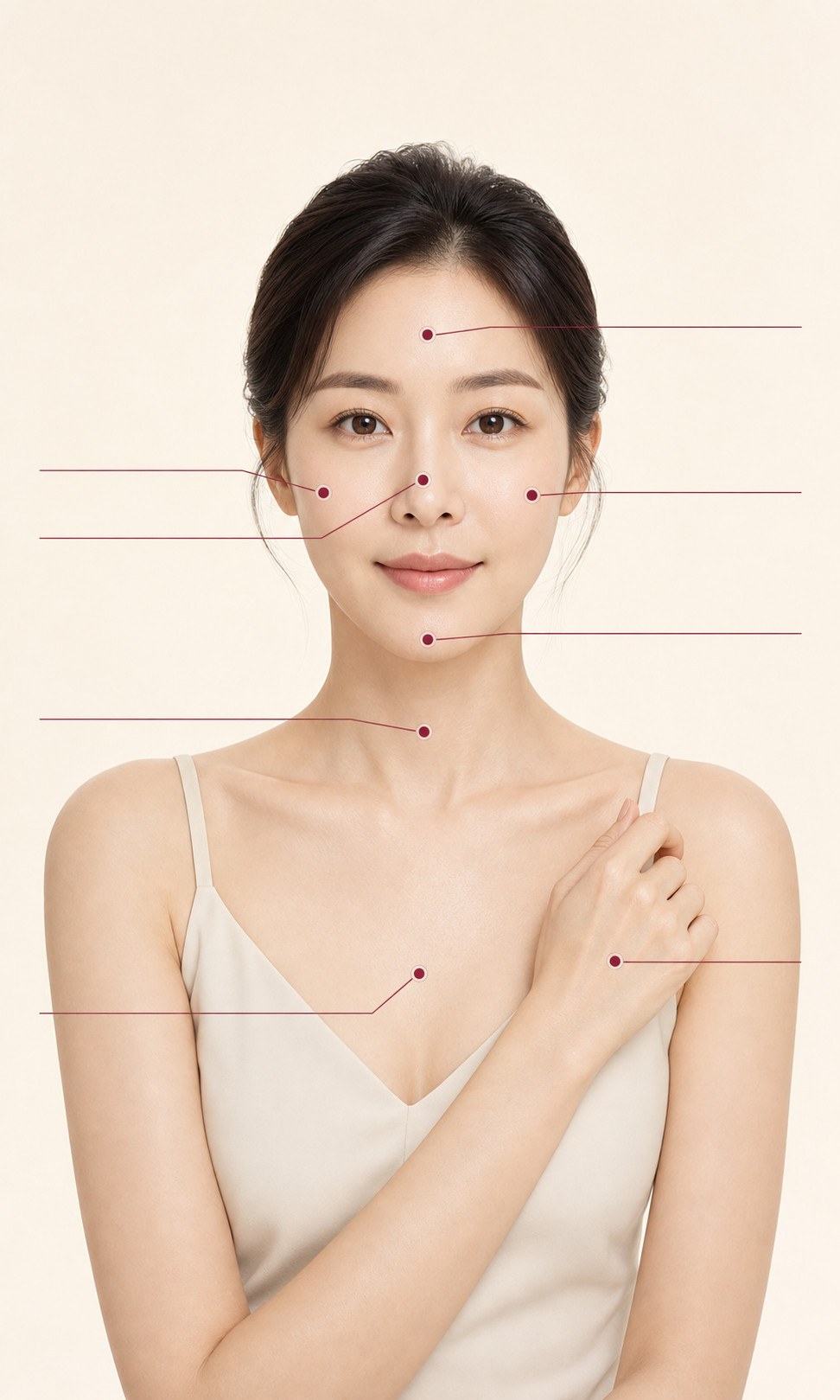 미인토닝을 적용할 수 있는 얼굴, 목, 데콜테와 손등 부위 안내