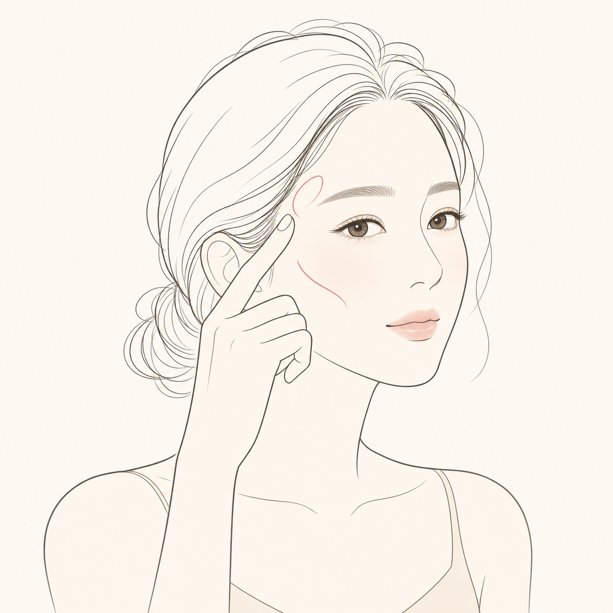 관자와 볼의 볼륨 감소가 고민인 여성을 표현한 라인 일러스트